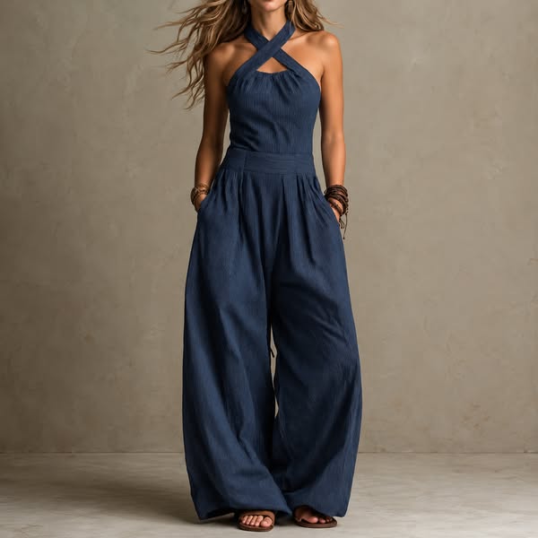 BIANCA | LINS- OG BOMULDSJUMPSUIT MED EN ELEGANT KRYDSENDE HALSUDSKÆRING