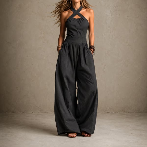 BIANCA | LINS- OG BOMULDSJUMPSUIT MED EN ELEGANT KRYDSENDE HALSUDSKÆRING