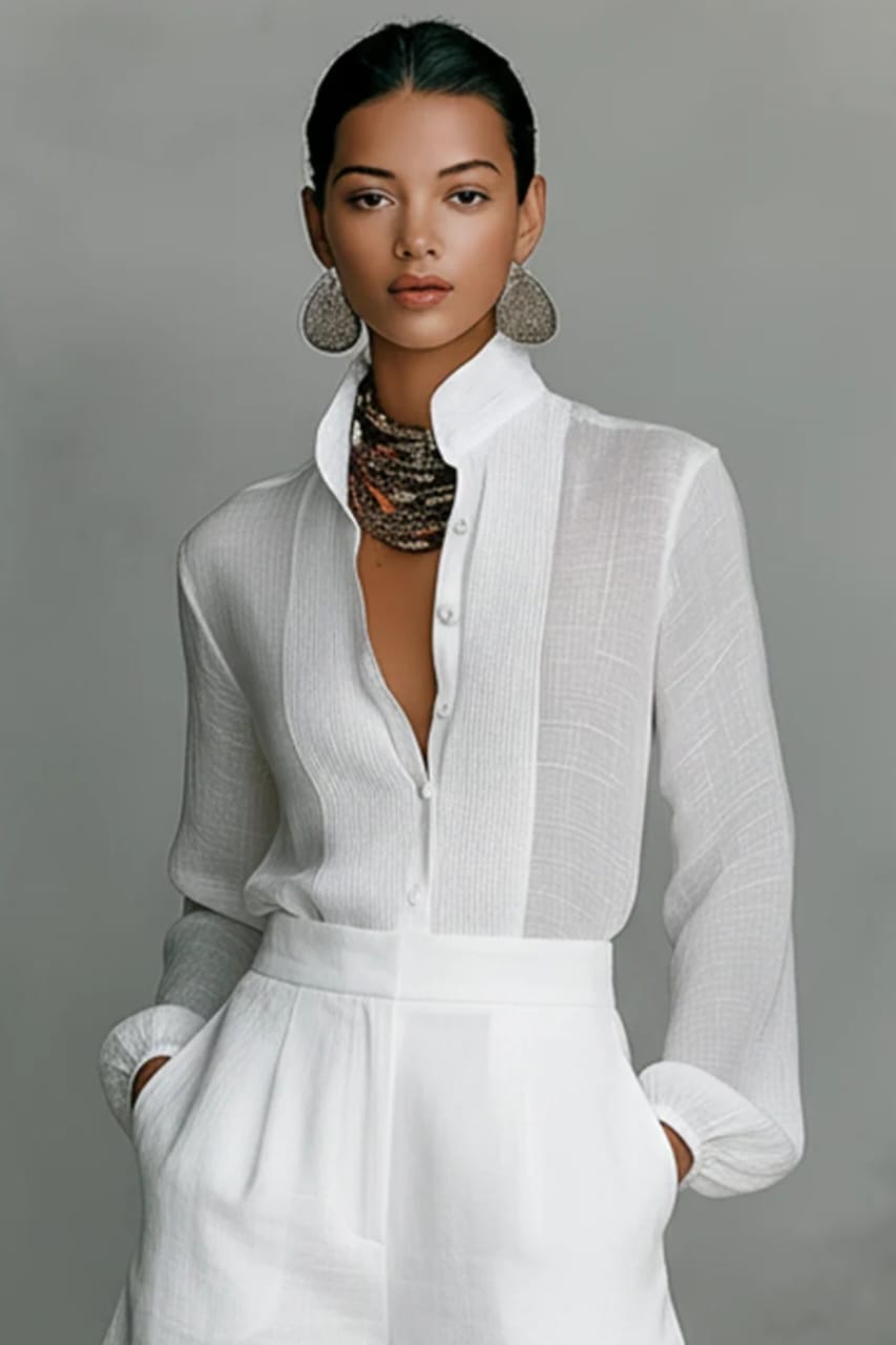 ELISABETTA | COMPLETO BIANCO CON CAMICIA DAL COLLO ALLA COREANA E SHORTS