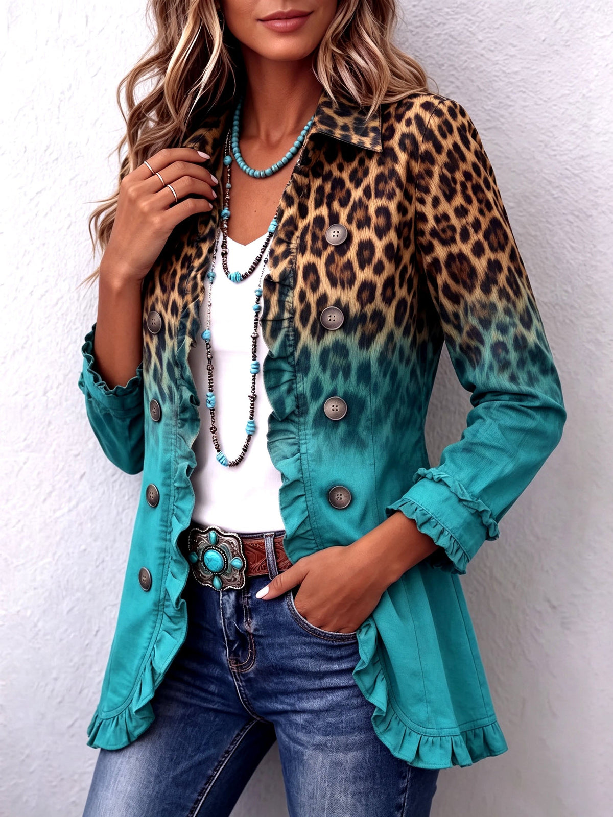 Mercedes | Gradient Leopard blazerjakke med flæser