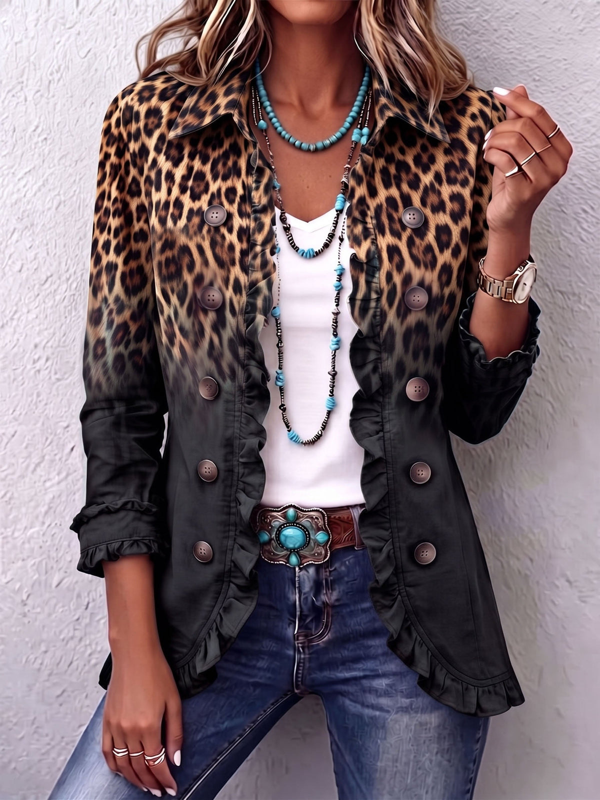 Sabina | Sort Leopard Blazer Jakke med Flæser