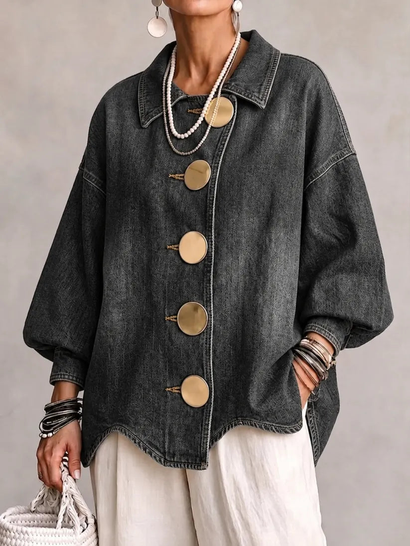 Julia - Oversized gebreid vest med kraag en grote metalen knop