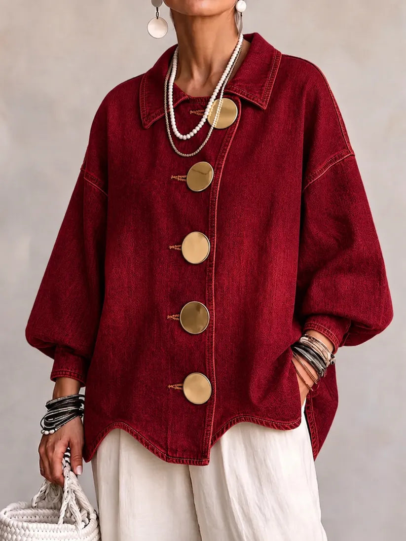 Julia - Oversized gebreid vest med kraag en grote metalen knop