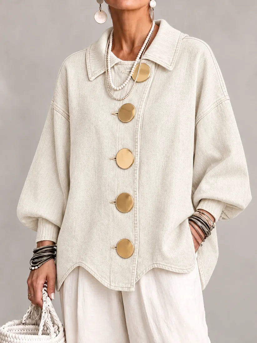 Julia - Oversized gebreid vest med kraag en grote metalen knop