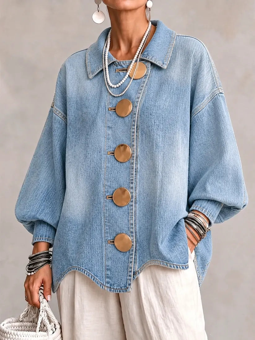 Julia - Oversized gebreid vest med kraag en grote metalen knop