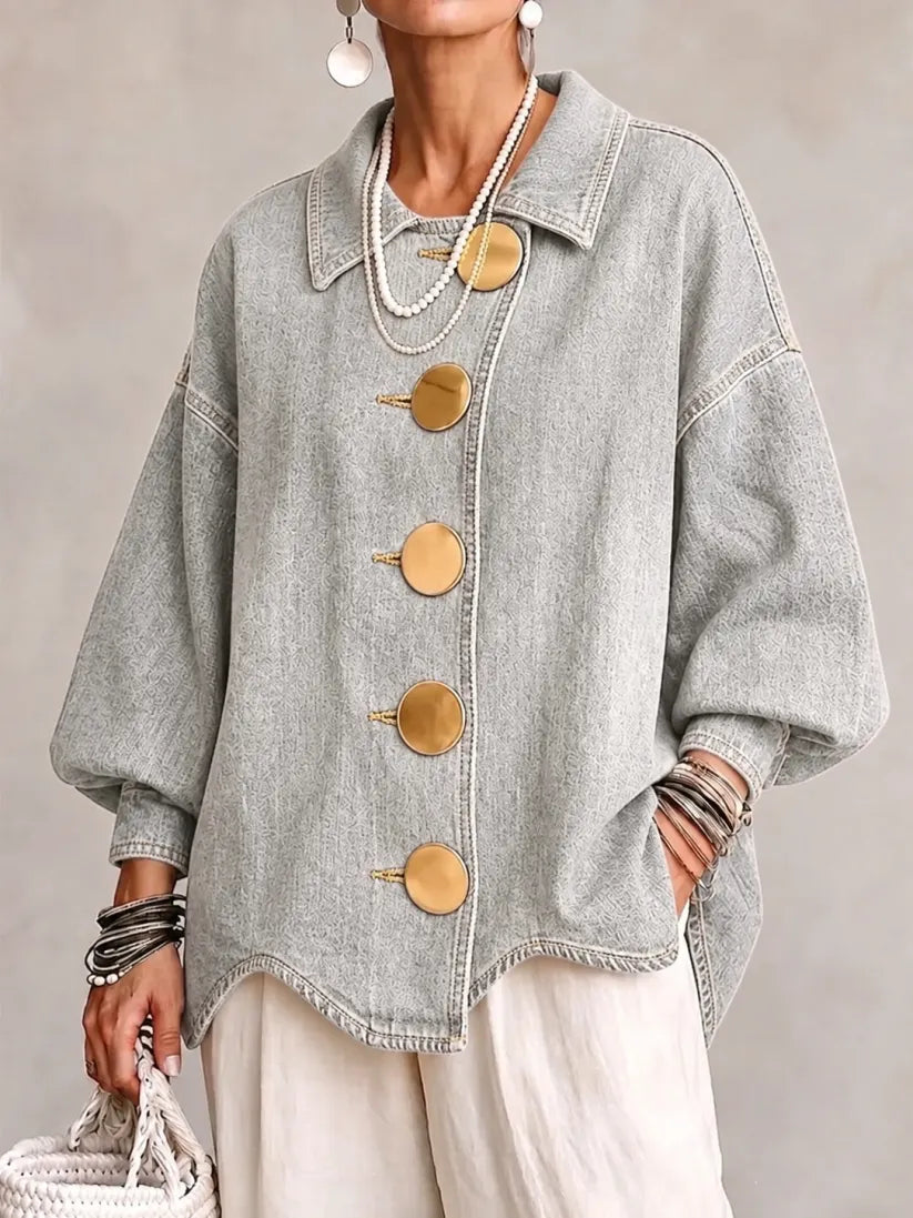 Julia - Oversized gebreid vest med kraag en grote metalen knop