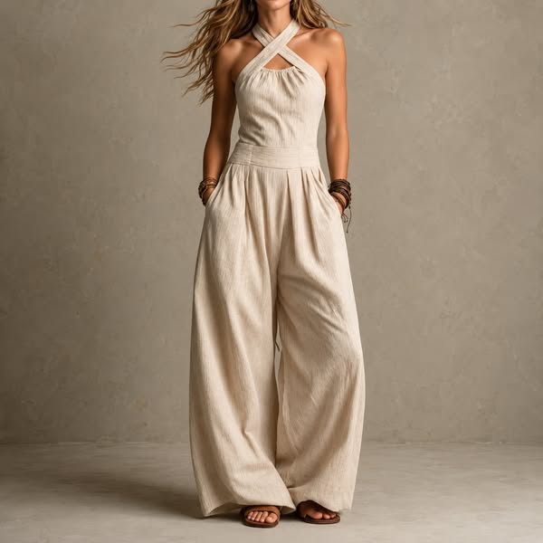 BIANCA | LINS- OG BOMULDSJUMPSUIT MED EN ELEGANT KRYDSENDE HALSUDSKÆRING