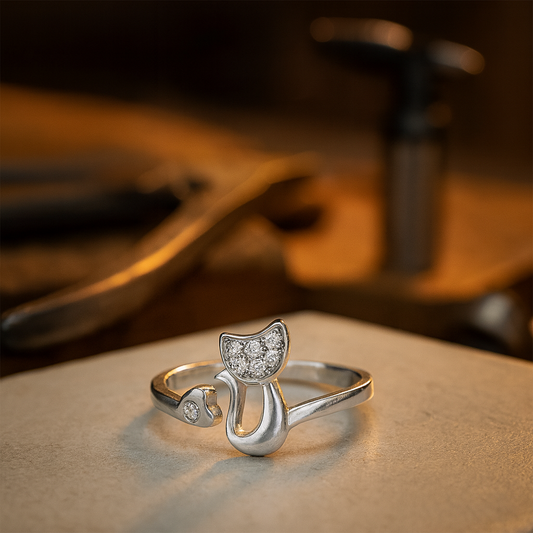 Open ring met schattige kat – Zirkonia