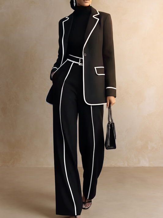 Clementina | Blazer-sæt med bukser og kontrastkanter, sort