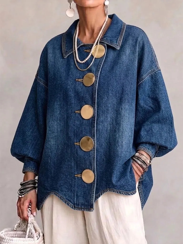 Julia - Oversized gebreid vest med kraag en grote metalen knop
