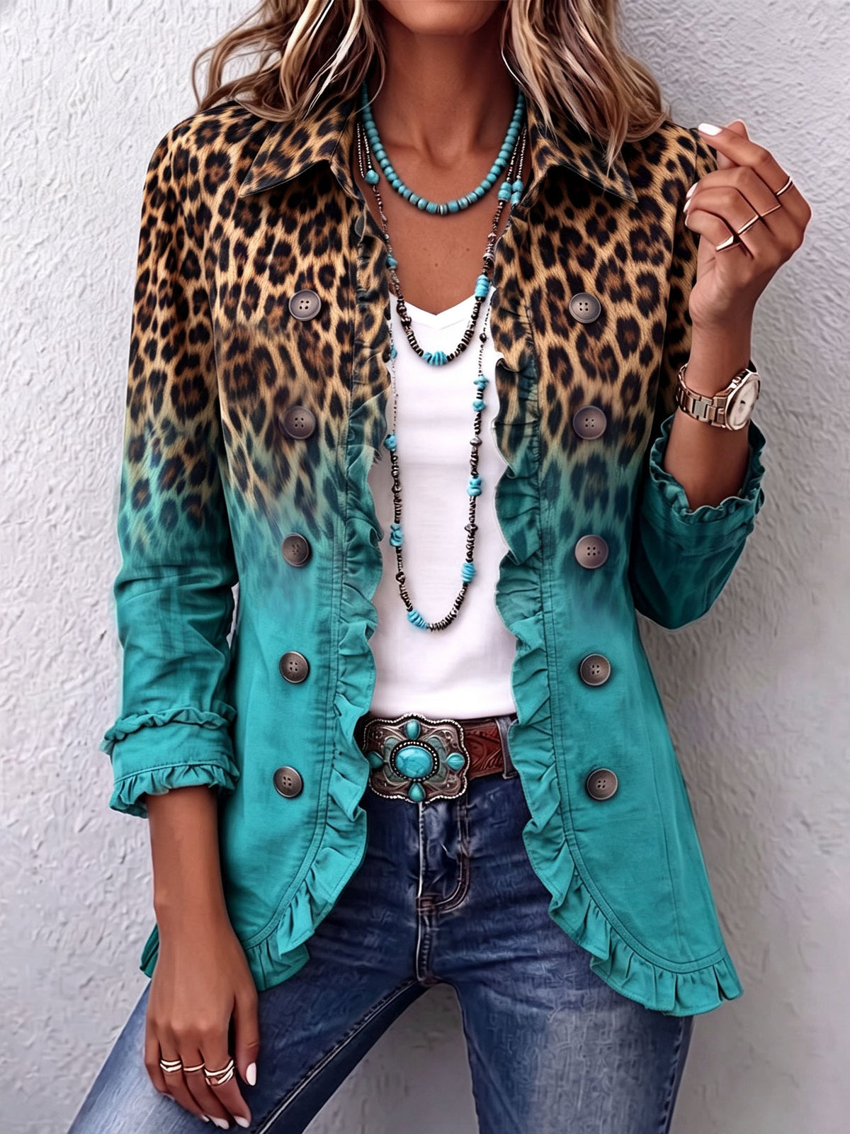 Mercedes | Gradient Leopard blazerjakke med flæser