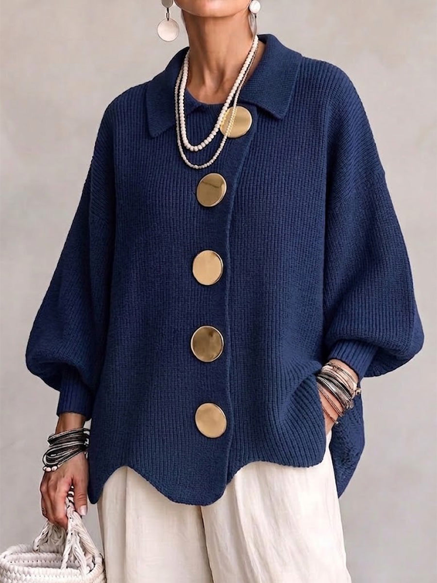 Julia - Oversized gebreid vest med kraag en grote metalen knop